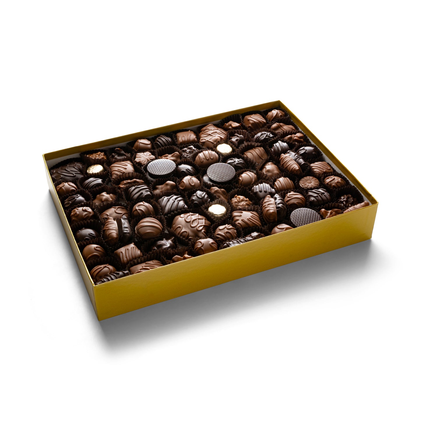 A gold 5-pound gift box with an assortment of milk and dark chocolates including turtles, caramels, creams, toffee, nut clusters, coconut haystacks, coconut almond joy, mint and molasses chips, peanut butter smoothies, peanut butter smidgeons and solid milk chocolate gold domes