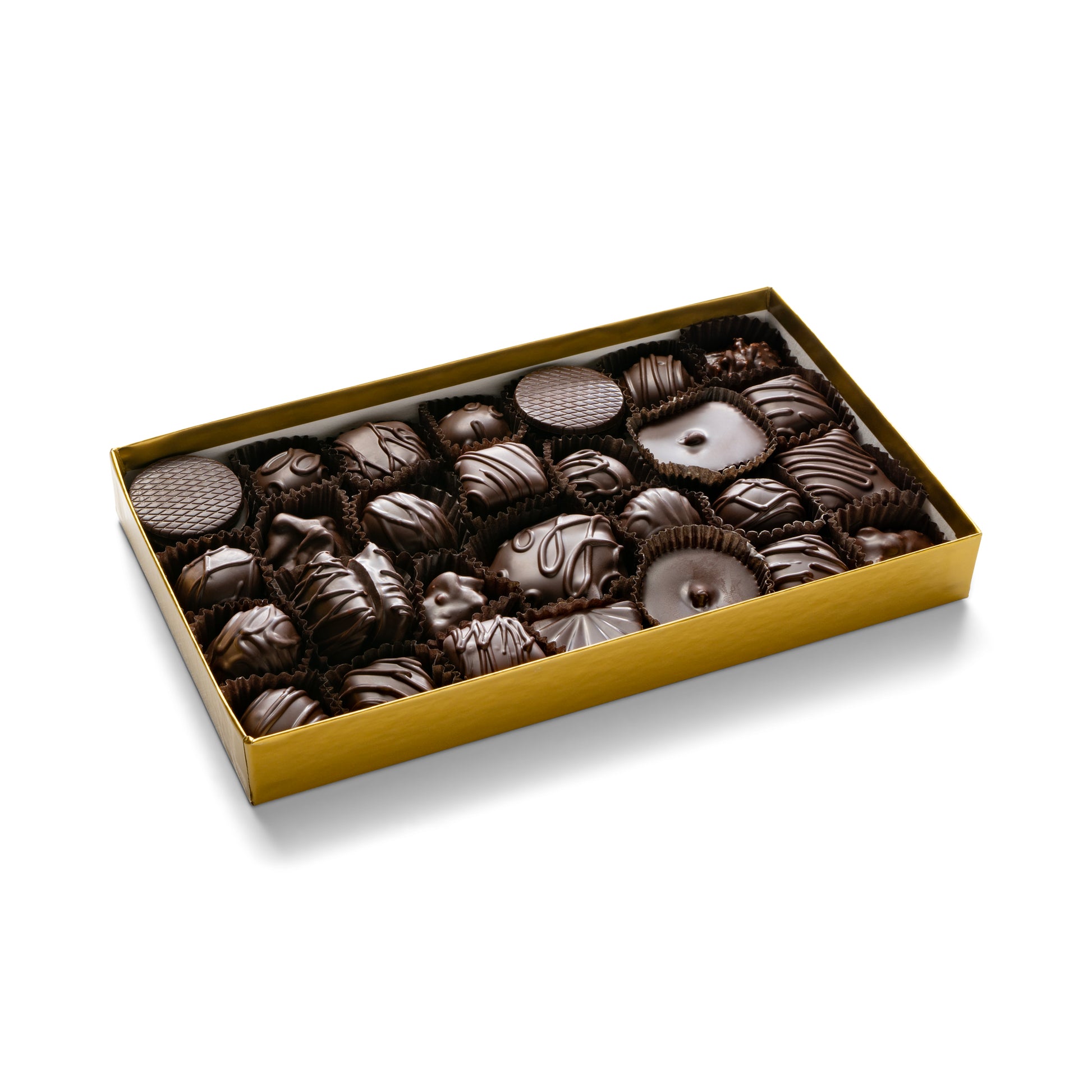 A gold gift box with 1 pound of assorted dark chocolates including caramels, creams, turtles, toffees, cashews, raisin almonds, pecan clusters, coconut almond joy, mint chips, peppermint patties, espresso fan, orange and raspberry jellies, peanut butter cups and chewy coconut