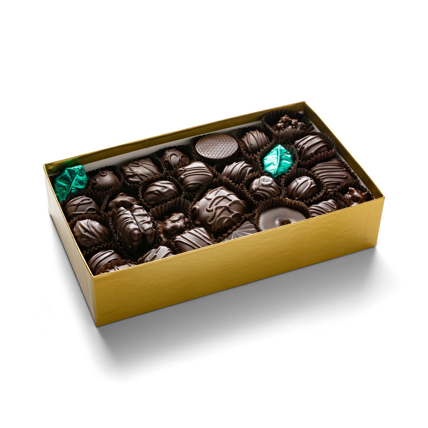 A gold gift box with 2 pounds of assorted dark chocolates including caramels, creams, turtles, toffees, cashews, raisin almonds, pecan clusters, coconut almond joy, mint chips, peppermint patties, espresso fan, orange and raspberry jellies, peanut butter cups and chewy coconut