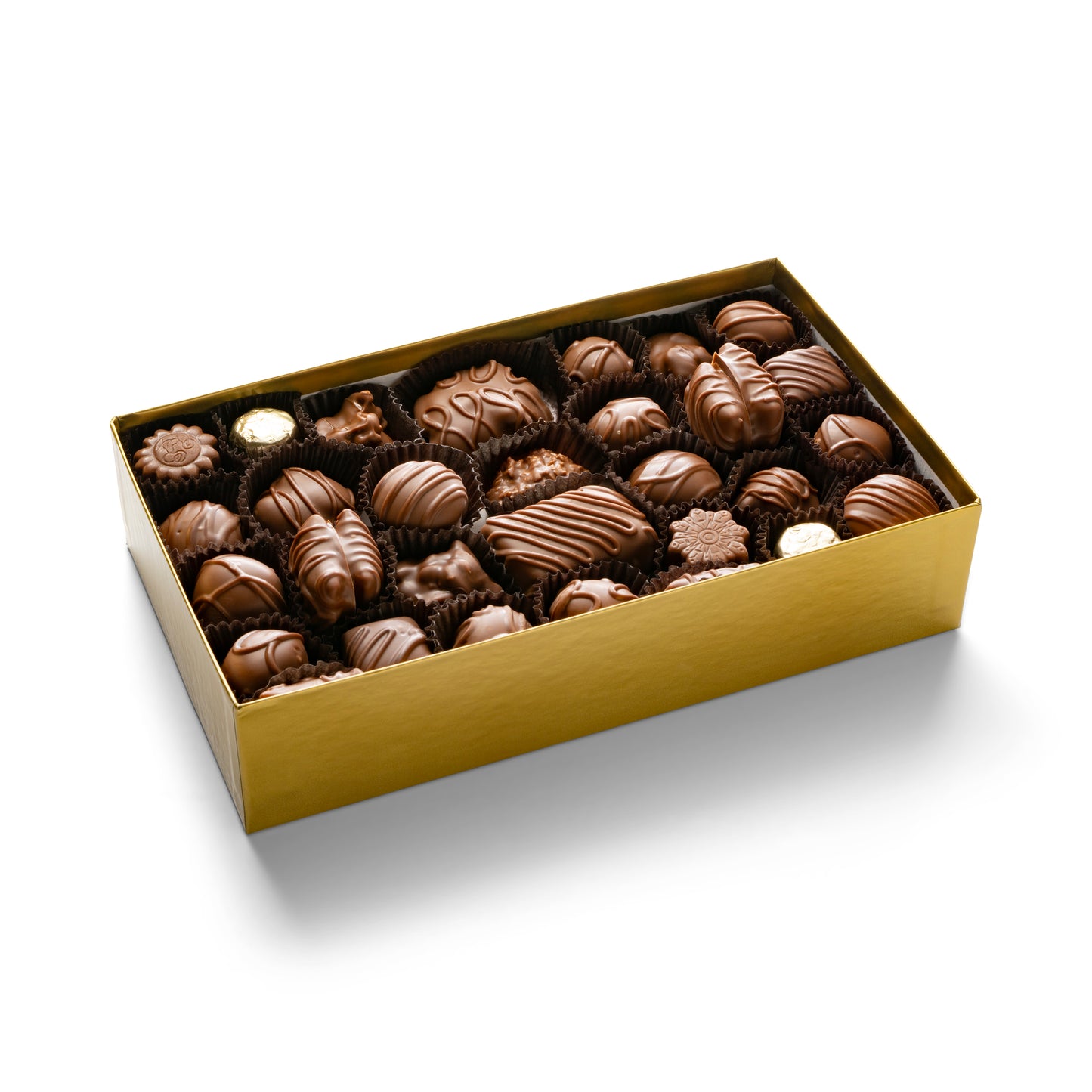 A gold gift box with 2 pounds of assorted milk chocolates including caramels, creams, turtles, toffees, cashew, almond, and pecan clusters, coconut haystacks, molasses chips, peanut butter smoothies and peanut butter smidgens