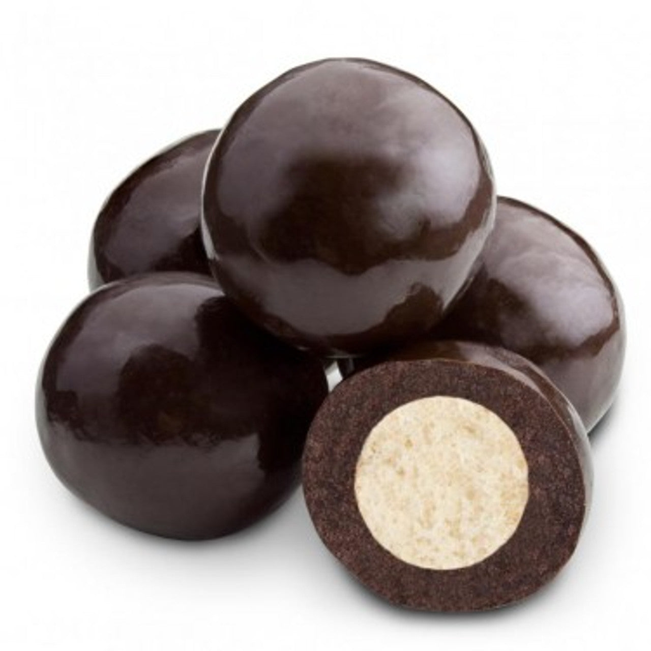 Malt balls coated in dark chocolate with a malt ball cutaway image