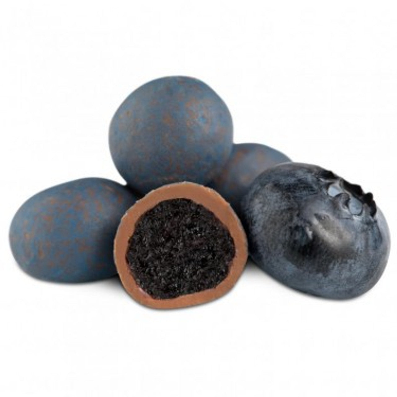 A close-up view of blue Michigan milk chocolate covered blueberries