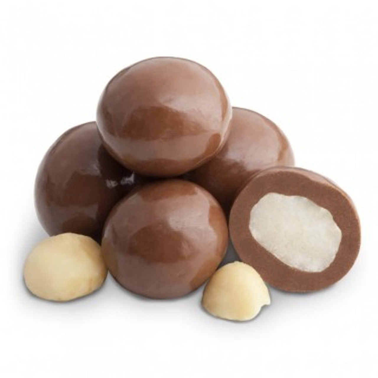 Macadamia nuts coated in milk chocolate with a cutaway shot