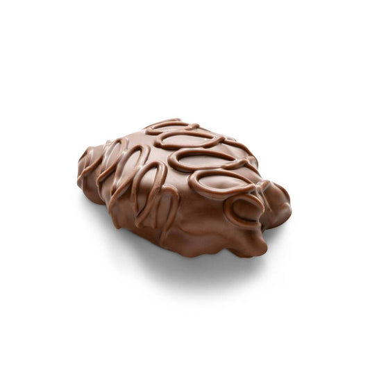 A caramel and pecan turtle covered in milk chocolate
