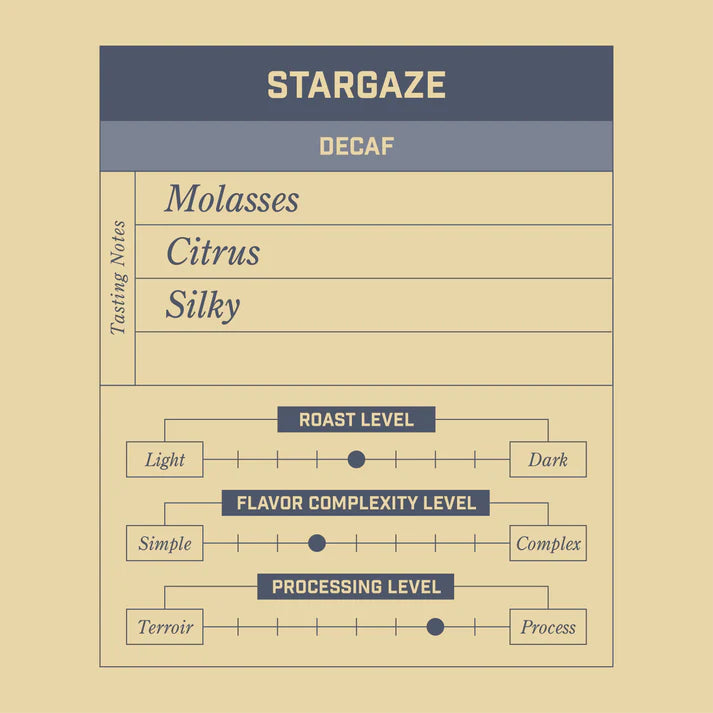Stargaze Decaf coffee flavor profile card on a beige background