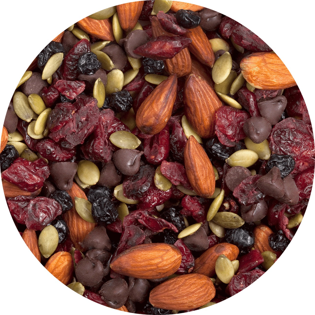 An inviting bowl of mixed nuts, chocolate and dried fruit, offering a delightful blend of flavors and textures for healthy snacking.