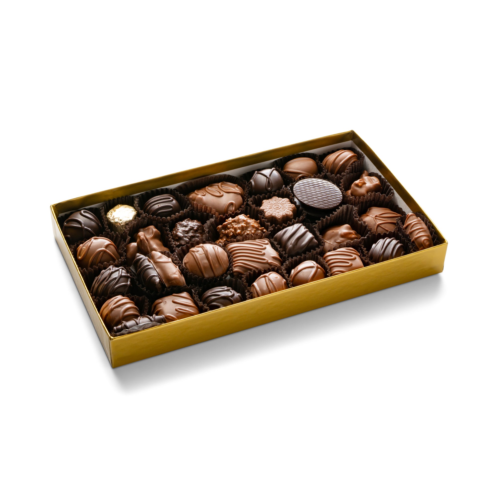 A gold 1-pound gift box with an assortment of milk and dark chocolates including turtles, caramels, creams, toffee, nut clusters, coconut haystacks, coconut almond joy, mint and molasses chips, peanut butter smoothies, peanut butter smidgeons and solid milk chocolate gold domes