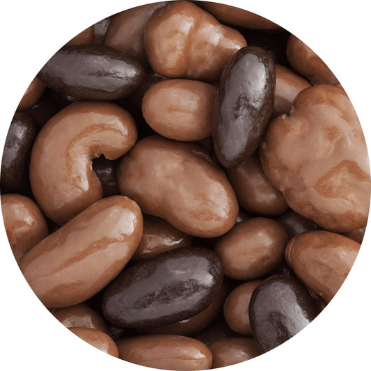 Mix of milk and dark chocolate with cashews, almonds, raisins and malt balls