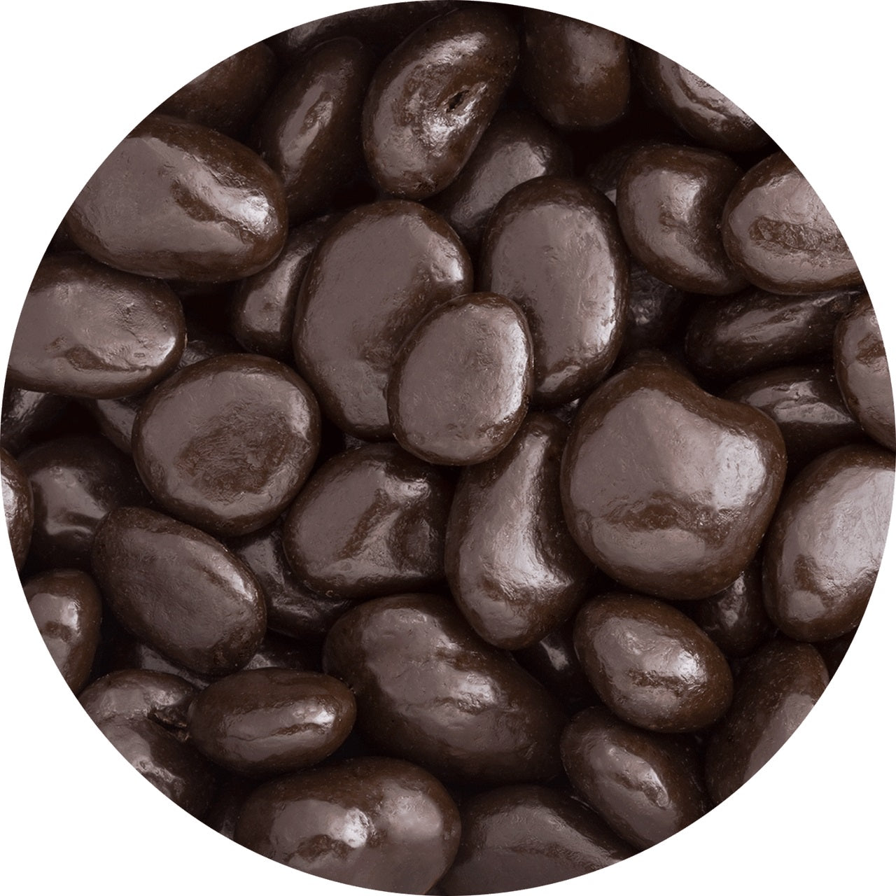 Up-close image of raisins covered in chocolate