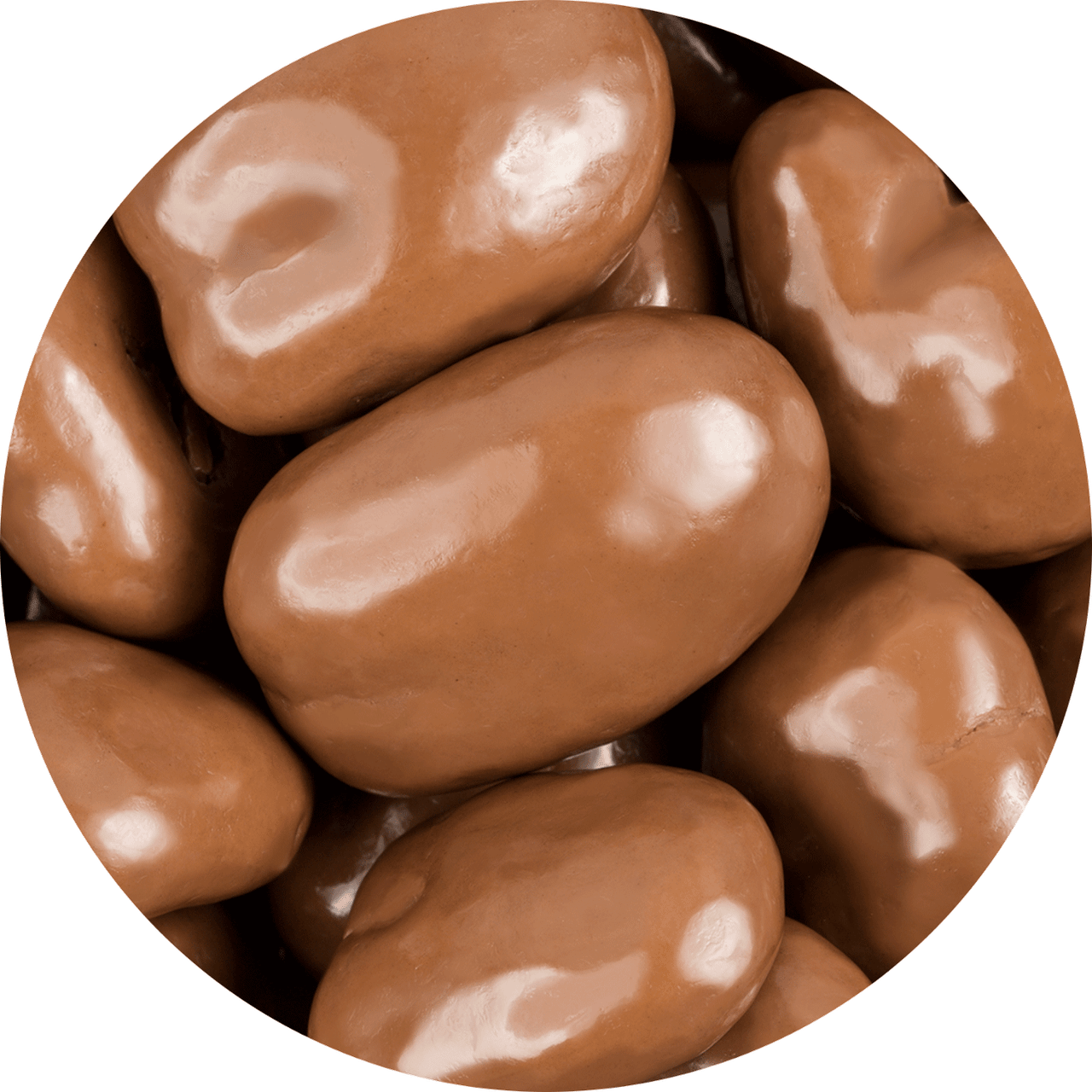 A close-up circular view of glossy brown chocolate-covered pecan pieces filling the frame.