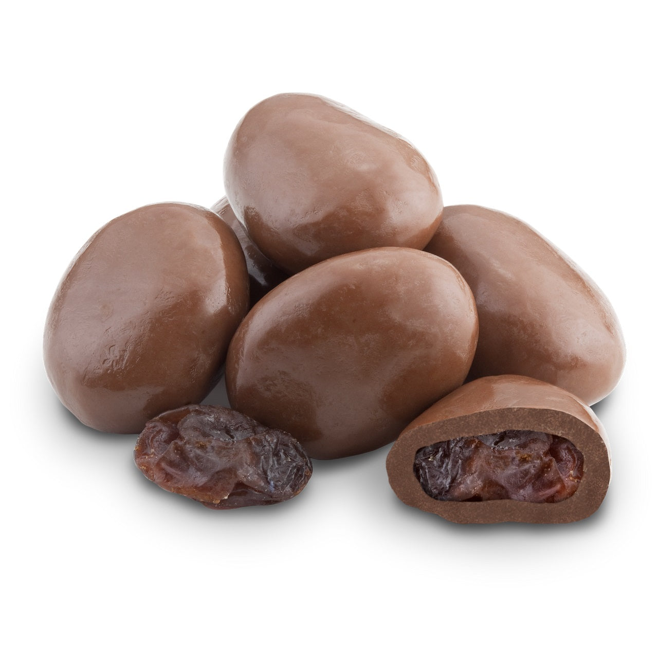 A cluster of chocolate covered raisins with a cutaway photo of the inside