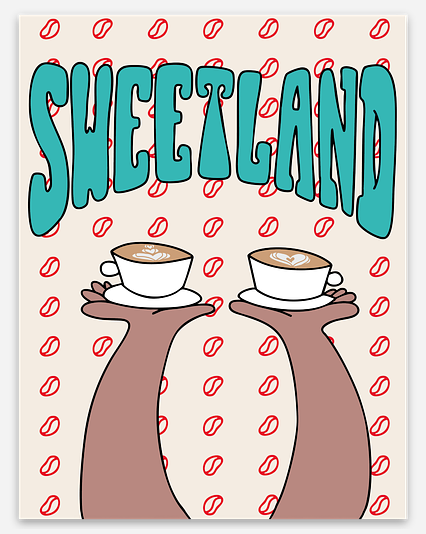 Illustration of two coffee cups on a decorative background with 'Sweetland' text.