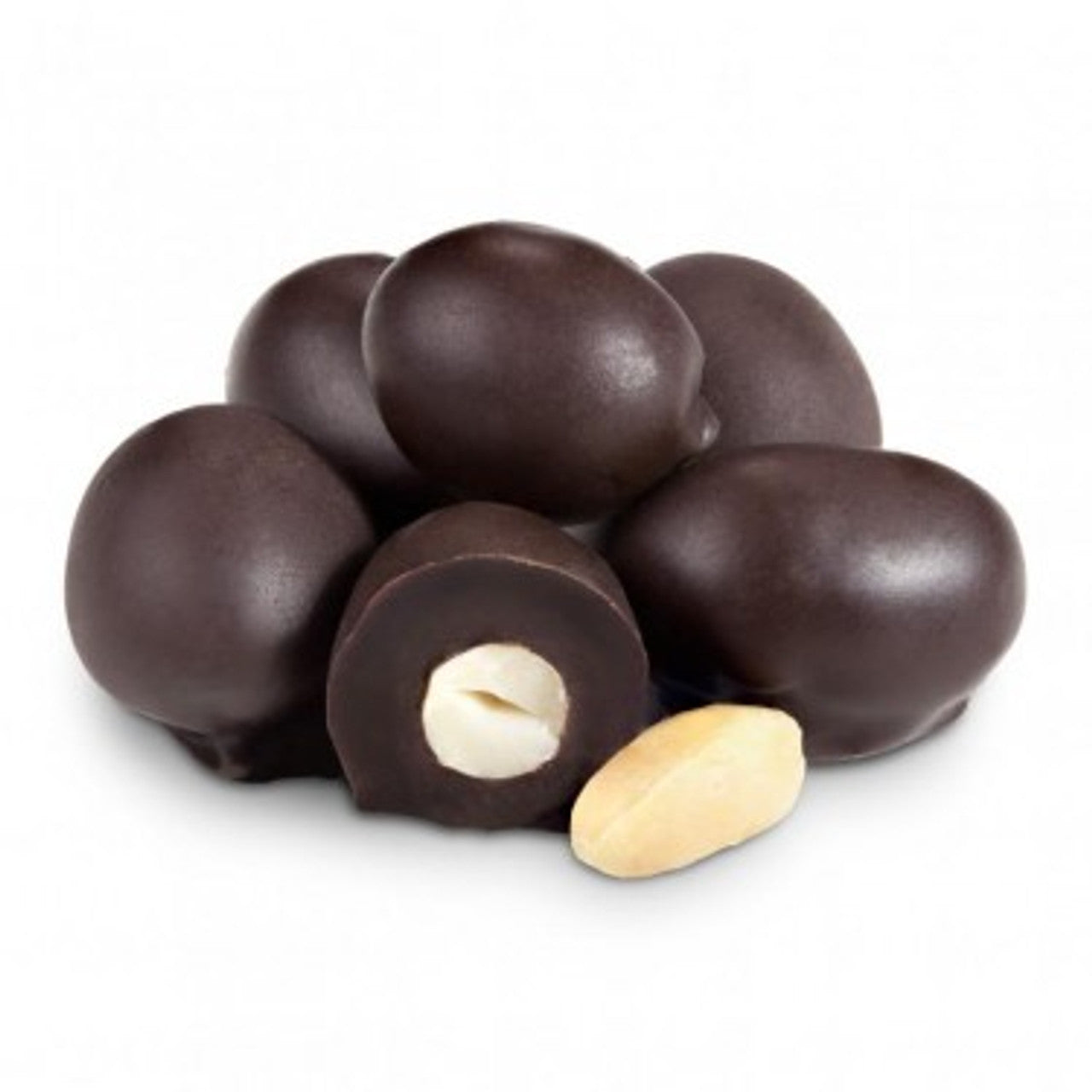 Close up image of dark chocolate peanuts with a peanut cut in half on a white background