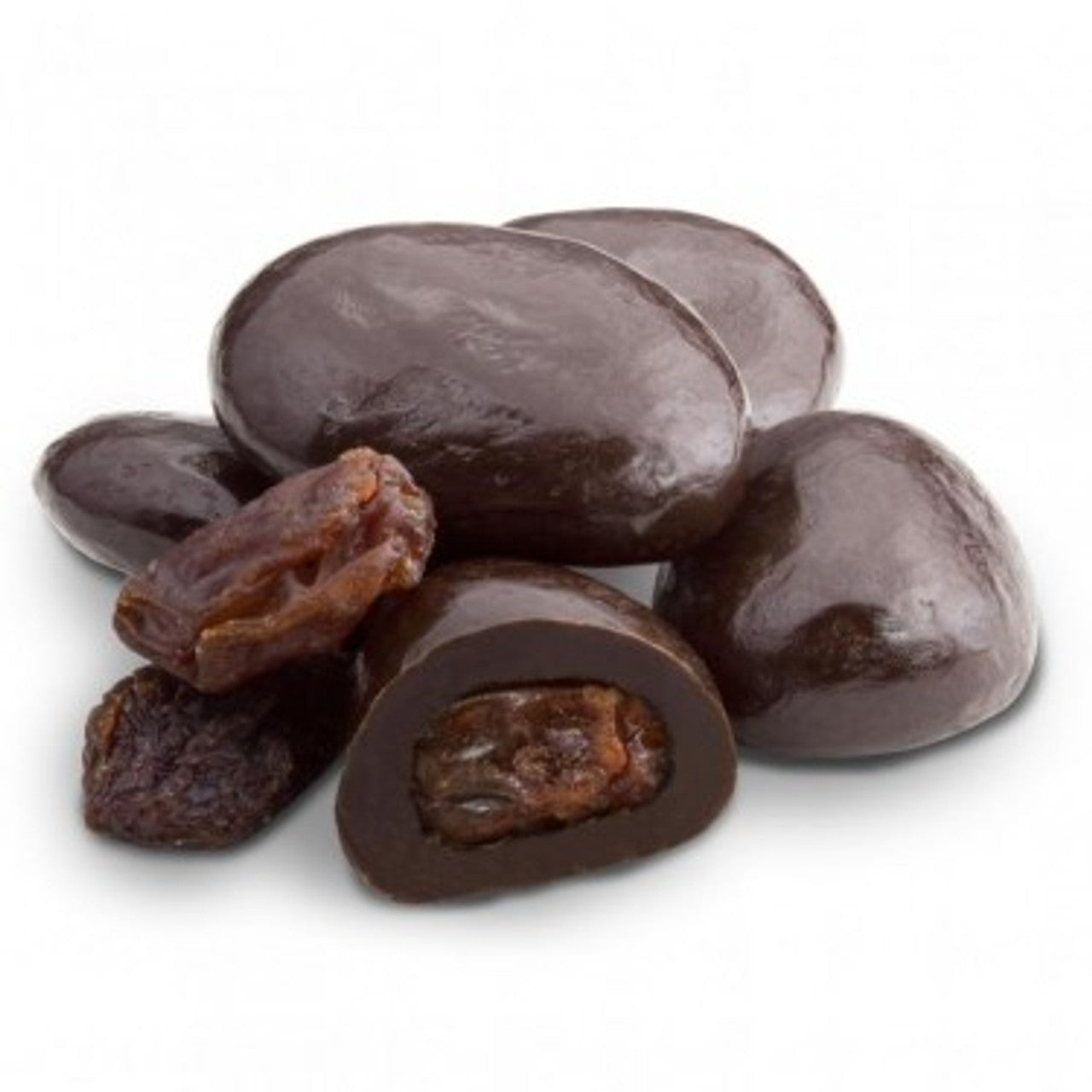 Close-up cutaway photo of raisins covered in rich dark chocolate