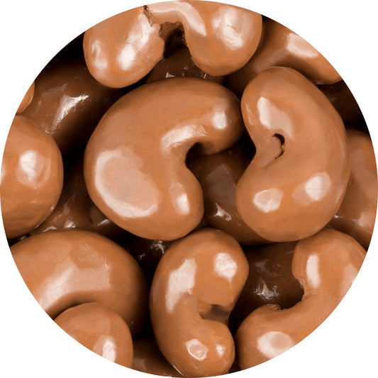 Close up image of chocolate-covered cashews showing shiny 