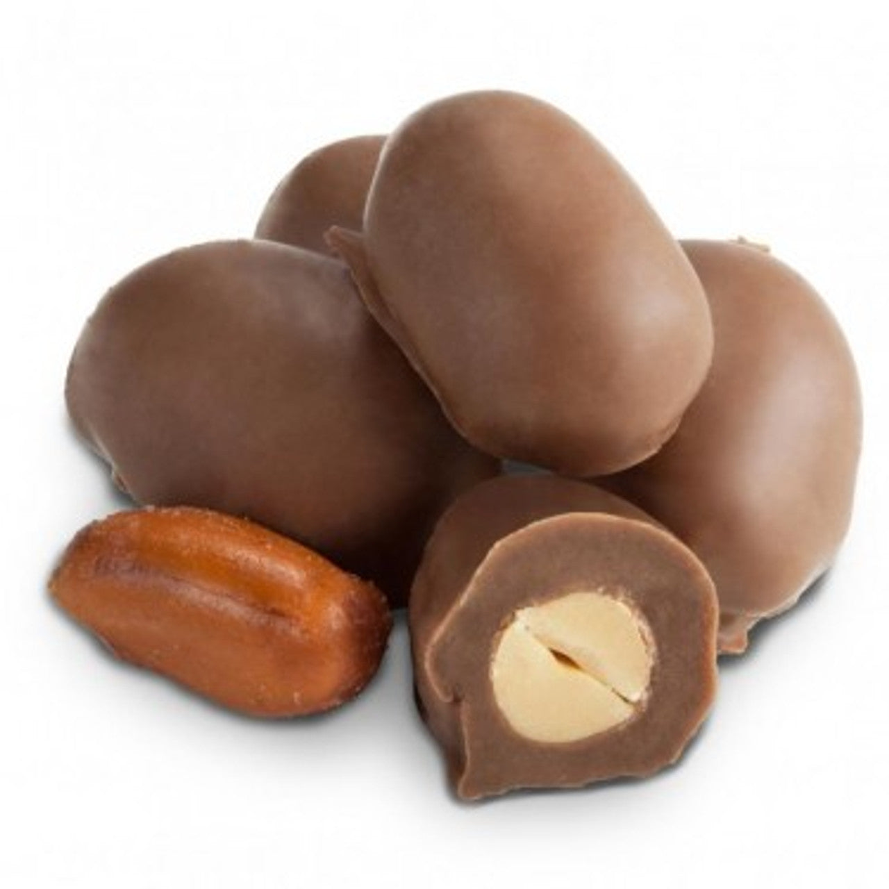 Chocolate covered peanuts on a white background with a peanut cut in half