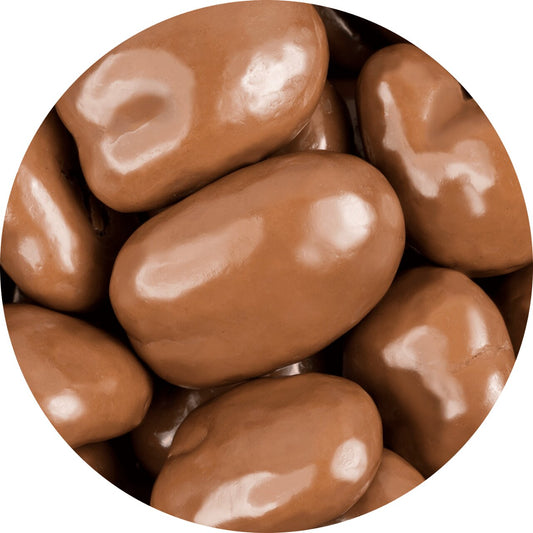 A close-up circular view of glossy brown chocolate-covered pecans piled together on a white background.