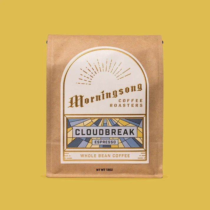 Morningsong Coffee Roasters Cloudbreak Espresso coffee package on a yellow background