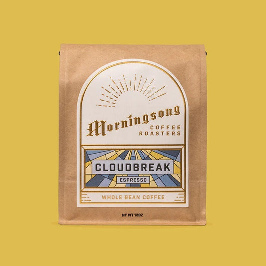 Morningsong Coffee Roasters Cloudbreak Espresso coffee package on a yellow background