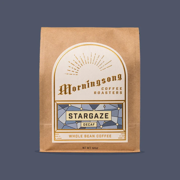 Morningsong Coffee Roasters Stargaze Decaf coffee package on a dark background
