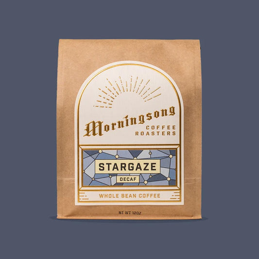 Morningsong Coffee Roasters Stargaze Decaf coffee package on a dark background
