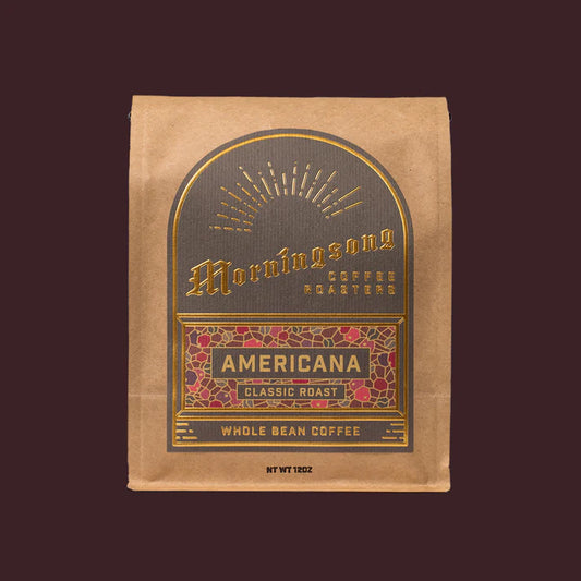 Kraft paper coffee bag with 'Morningsong Coffee Roasters' branding on a dark background