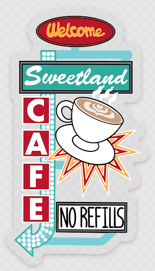 Decorative sign for Sweetland Cafe with a coffee cup graphic and text.