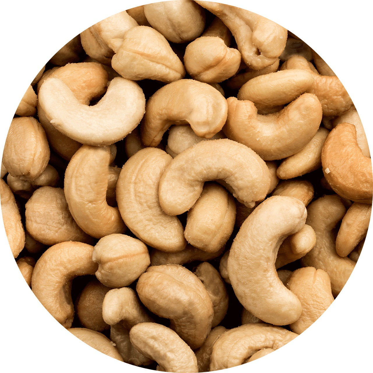 A circle image showing roasted cashew nuts with a light dusting of salt