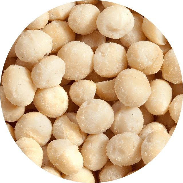 A circle image showing roasted macadamia nuts with a light dusting of salt