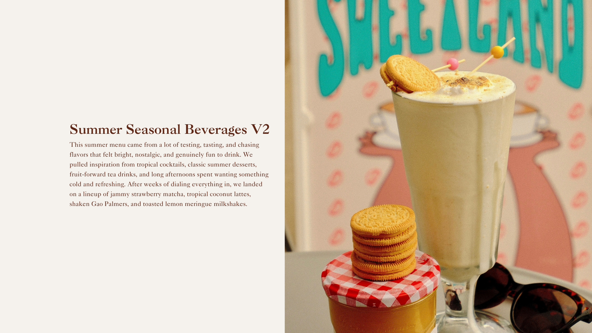 Summer seasonal beverages with a milkshake and cookies in front of a magazine cover.