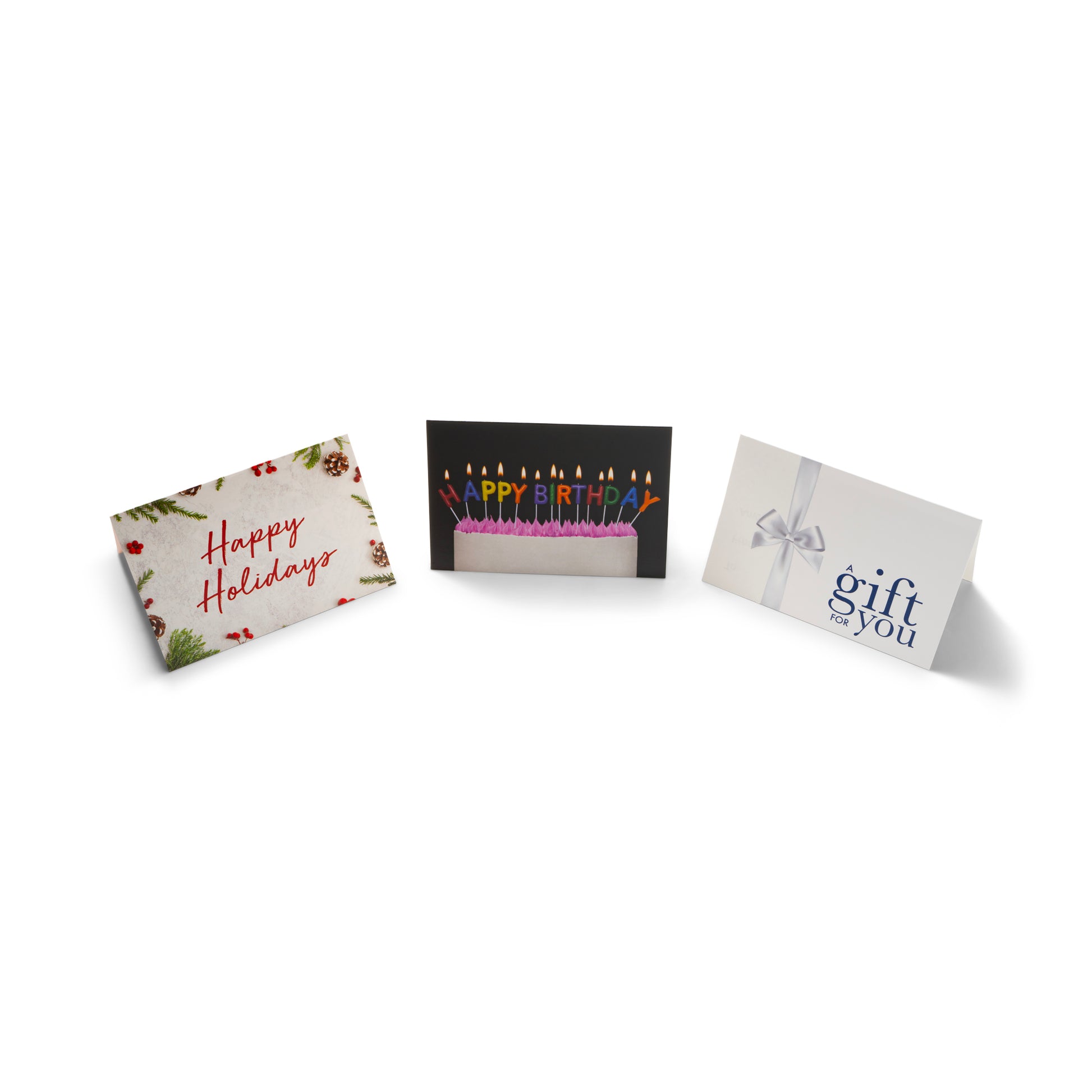 Three gift card envelope holders with happy holidays, happy birthday and a gift for you written on them