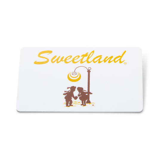 A white gift card with the Sweetland Candies logo used for chocolates, candies, nuts and coffee