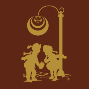 Sweetland Candies logo with the silhouette of two kids under a lamp post in gold with a brown background