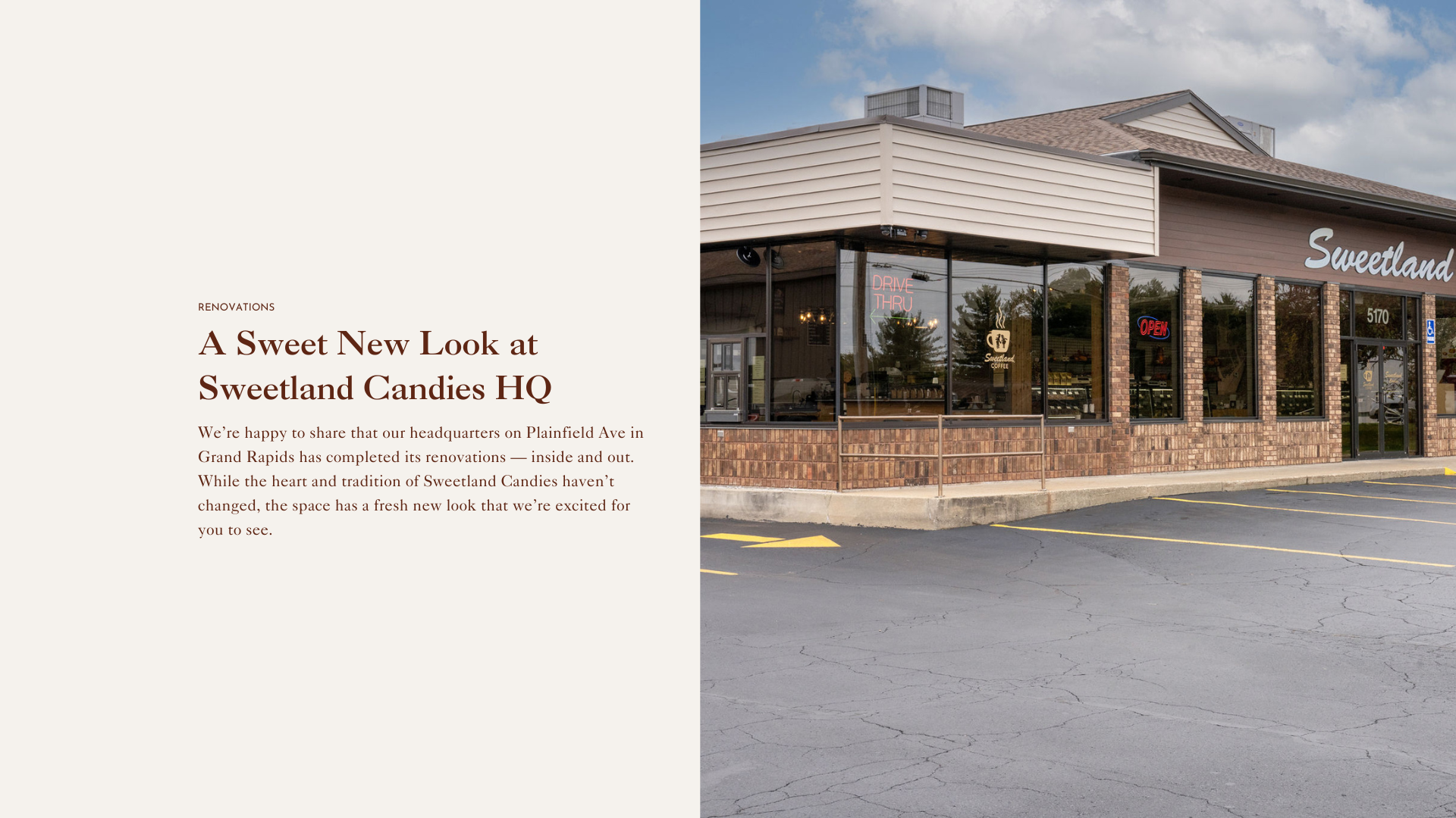 Building exterior with 'Sweetland' branding on a clear day.