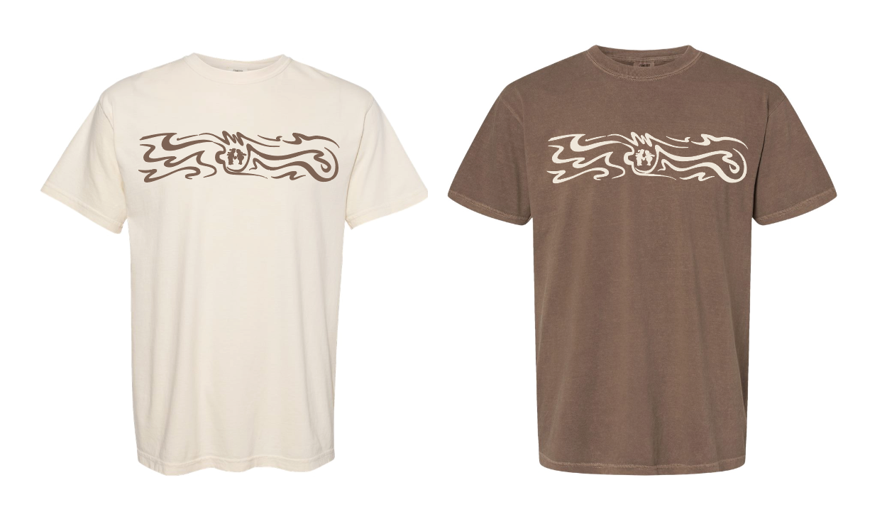 Two t-shirts, one beige and one brown, with a graphic design on a white background.