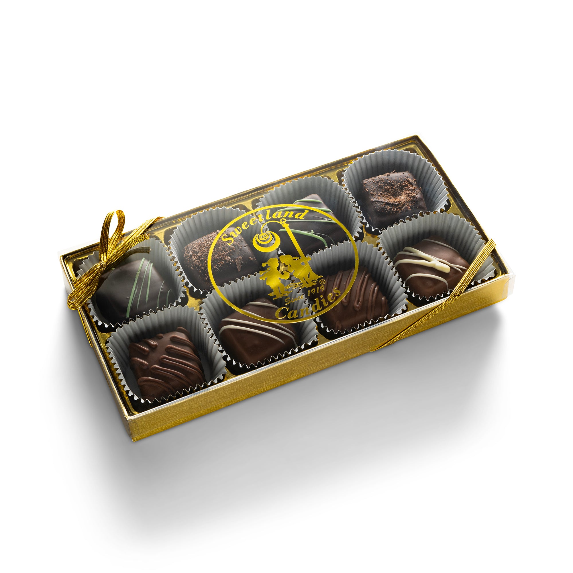 A gold gift box with 8 assorted chocolate truffle candies